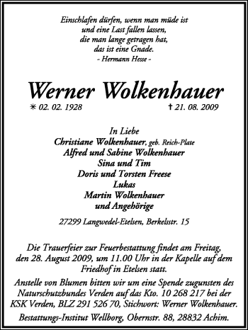 Traueranzeige von Werner Wolkenhauer von KREISZEITUNG SYKE