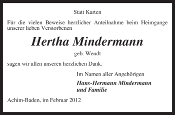 Traueranzeige von Hertha Mindermann von KREISZEITUNG SYKE