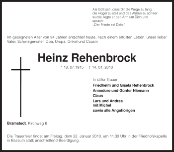 Traueranzeige von Heinz Rehenbrock von KREISZEITUNG SYKE