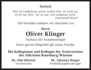 Traueranzeige von Oliver Klinger von KRZ