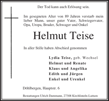 Traueranzeige von Helmut Teise von KREISZEITUNG SYKE