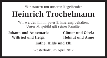 Traueranzeige von Heinrich Trochelmann von KREISZEITUNG SYKE