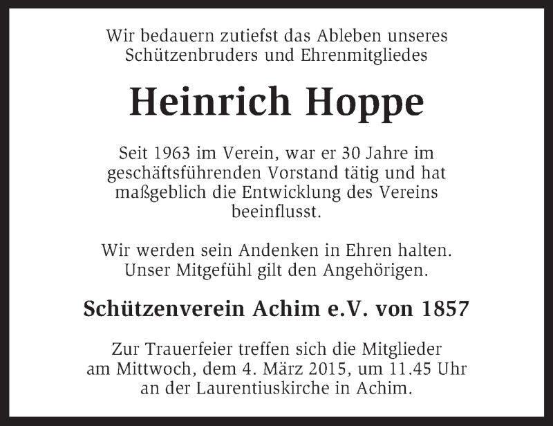  Traueranzeige für Heinrich Hoppe vom 28.02.2015 aus KRZ