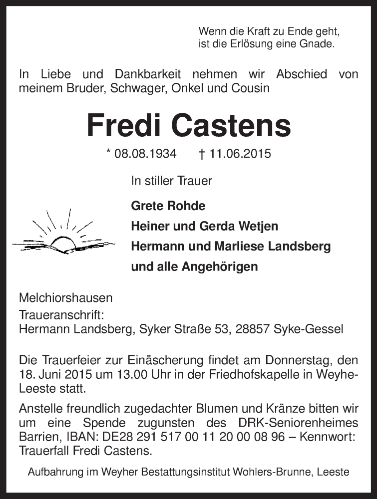  Traueranzeige für Fredi Castens vom 16.06.2015 aus KRZ