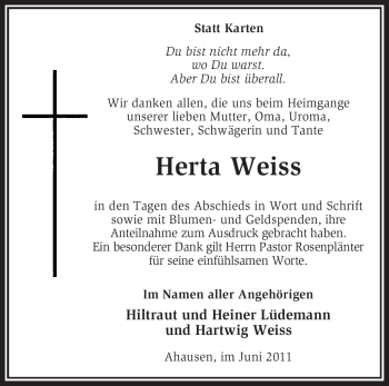 Traueranzeige von Herta Weiss von KREISZEITUNG SYKE