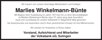 Traueranzeige von Marlies Winkelmann-Bünte von KREISZEITUNG SYKE