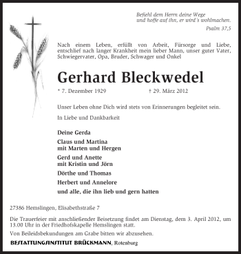 Traueranzeige von Gerhard Bleckwedel von KREISZEITUNG SYKE