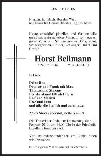 Traueranzeige von Horst Bellmann von KREISZEITUNG SYKE