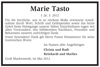 Traueranzeige von Marie Tasto von KREISZEITUNG SYKE