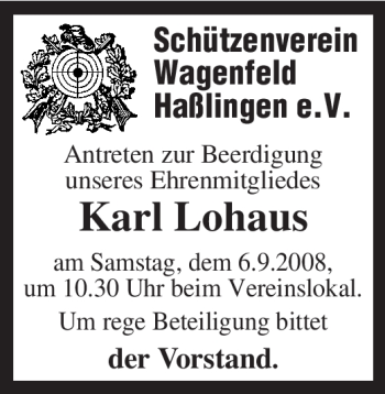 Traueranzeige von Karl Lohaus von KREISZEITUNG SYKE