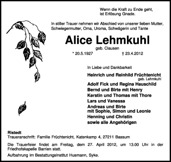 Traueranzeige von Elice Lehmkuhl von KREISZEITUNG SYKE