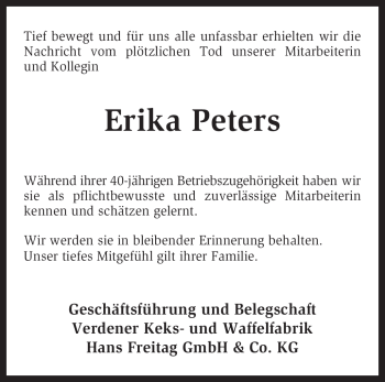 Traueranzeige von Erika Peters von KREISZEITUNG SYKE