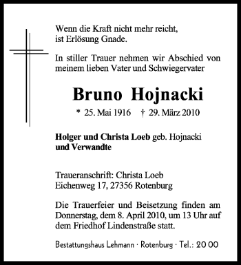 Traueranzeige von Bruno Hojnacki von KREISZEITUNG SYKE