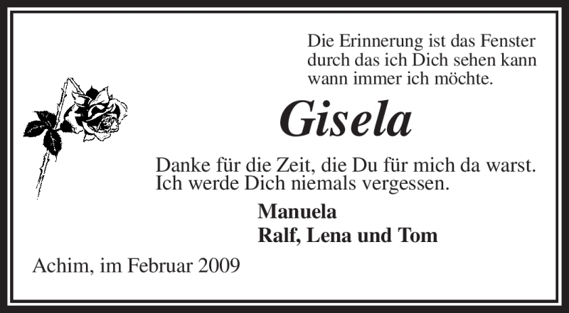  Traueranzeige für Gisela Unbekannt vom 21.02.2009 aus KREISZEITUNG SYKE