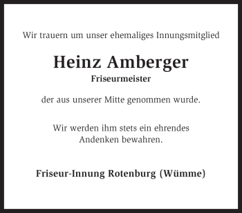 Traueranzeige von Heinz Amberger von KREISZEITUNG SYKE