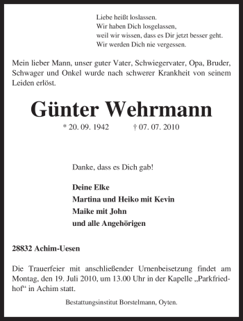 Traueranzeige von Günter Wehrmann von KREISZEITUNG SYKE