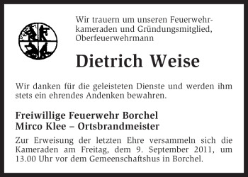 Traueranzeige von Dietrich Weise von KREISZEITUNG SYKE