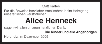 Traueranzeige von Alice Henneck von KREISZEITUNG SYKE