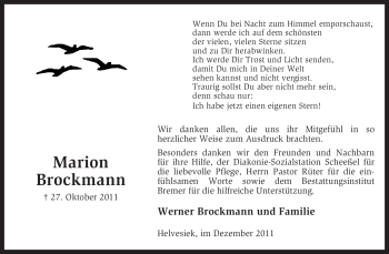 Traueranzeige von Marion Brockmann von KREISZEITUNG SYKE