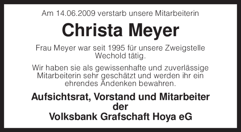  Traueranzeige für Christa Meyer vom 16.06.2009 aus KREISZEITUNG SYKE