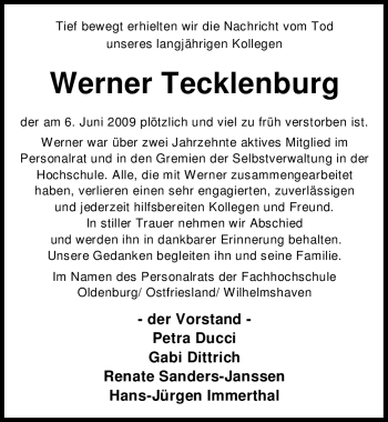 Traueranzeige von Werner Tecklenburg 