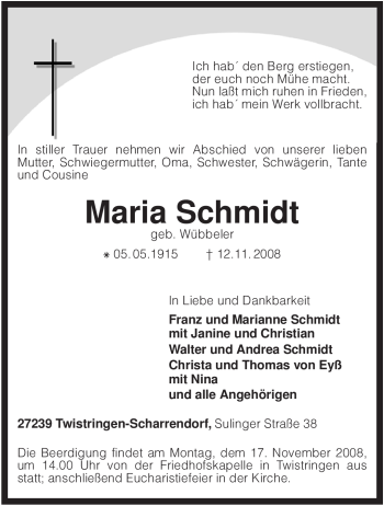 Traueranzeige von Maria Schmidt von KREISZEITUNG SYKE