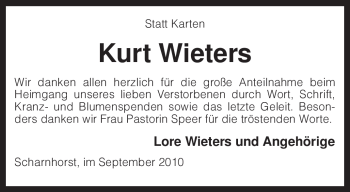 Traueranzeige von Kurt Wieters von KREISZEITUNG SYKE