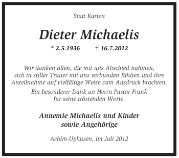 Traueranzeige von Dieter Michaelis von KREISZEITUNG SYKE