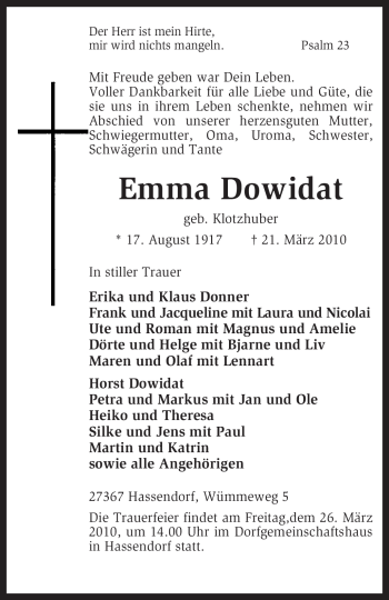 Traueranzeige von Emma Dowidat von KREISZEITUNG SYKE