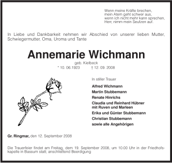 Traueranzeige von Annemarie Wichmann von KREISZEITUNG SYKE