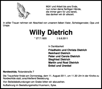 Traueranzeige von Willy Dietrich von KREISZEITUNG SYKE