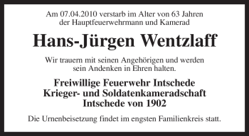 Traueranzeige von Hans-Jürgen Wentzlaff von KREISZEITUNG SYKE