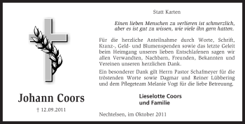 Traueranzeige von Johann Coors von KREISZEITUNG SYKE