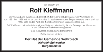 Traueranzeige von Rolf Kleffmann von KREISZEITUNG SYKE