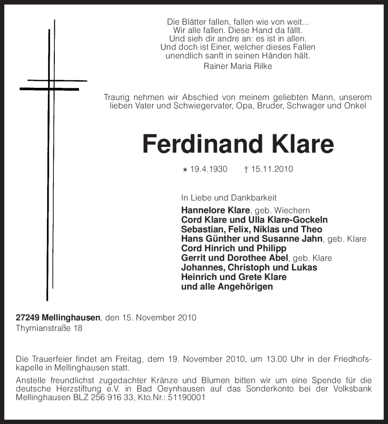  Traueranzeige für Ferdinand Klare vom 17.11.2010 aus KREISZEITUNG SYKE