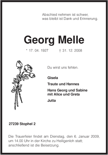 Traueranzeige von Georg Melle von KREISZEITUNG SYKE