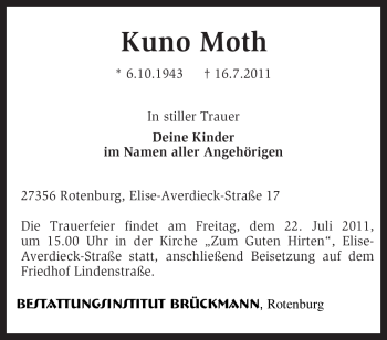 Traueranzeige von Kuno Moth von KREISZEITUNG SYKE