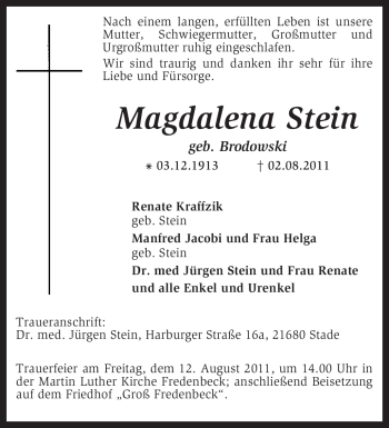 Traueranzeige von Magdalena Stein von KREISZEITUNG SYKE