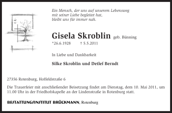 Traueranzeige von Gisela Skroblin von KREISZEITUNG SYKE