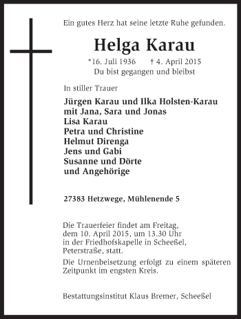 Traueranzeige von Helga Karau von KRZ