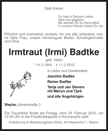 Traueranzeige von Irmtraut Badtke von KREISZEITUNG SYKE