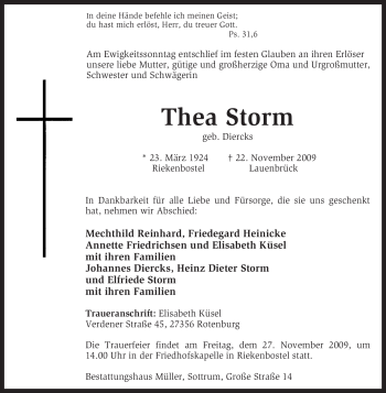 Traueranzeige von Thea Storm von KREISZEITUNG SYKE