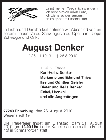 Traueranzeige von August Denker von KREISZEITUNG SYKE