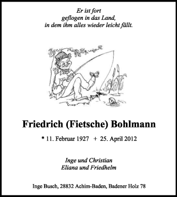 Traueranzeige von Friedrich Bohlmann von KREISZEITUNG SYKE