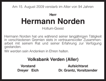 Traueranzeige von Hermann Norden von KREISZEITUNG SYKE