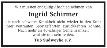 Traueranzeige von Ingrid Schirmer von KREISZEITUNG SYKE