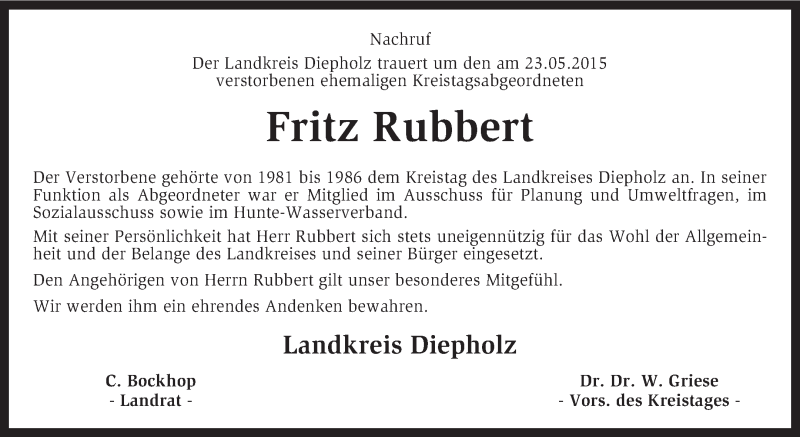  Traueranzeige für Fritz Rubbert vom 28.05.2015 aus KRZ