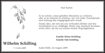 Traueranzeige von Wilhelm Schilling von KREISZEITUNG SYKE