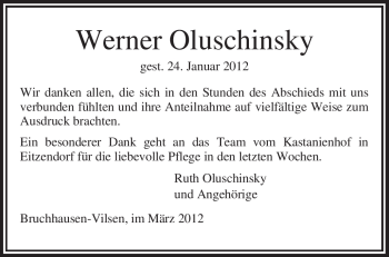 Traueranzeige von Werner Oluschinsky von KREISZEITUNG SYKE