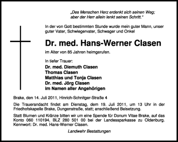 Traueranzeige von Hans-Werner Clasen von KREISZEITUNG SYKE